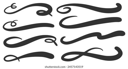 Swoosh vector lines. Hand drawn swash and swish strokes with swirl tail. Calligraphy squiggle waves. Doodle decorative marker flourish
