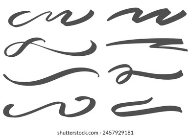 Swoosh vector lines. Hand drawn swash and swish strokes with swirl tail. Calligraphy squiggle waves. Doodle decorative marker flourish