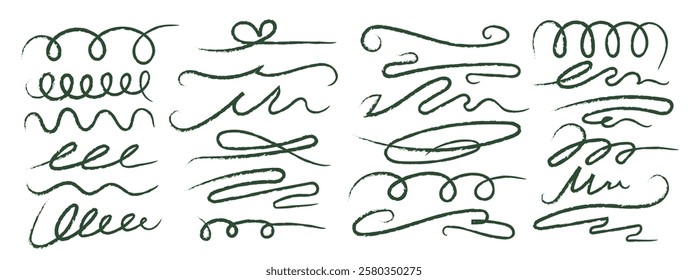 Swooshe squiggle swirl in crayon pencil ink. Elegant hand-drawn vector illustration. Swirling line design, brushstroke, decorative doodle, underline, curve, squiggly tail, freehand calligraphy style