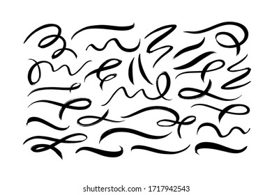 Swooshes and flourish brush stroke vector collection. Black paint wavy lines, dirty curved strokes. Ink illustration isolated on white background. Modern grunge brush lines. Calligraphy smears, stamps
