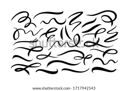 Swooshes and flourish brush stroke vector collection. Black paint wavy lines, dirty curved strokes. Ink illustration isolated on white background. Modern grunge brush lines. Calligraphy smears, stamps