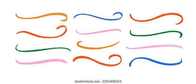 Swooshes and flourish colorful pencil stroke vector collection. Color paint wavy lines, hand drawn curved strokes. Decorative marker strokes, swoops, waves brush marks. Modern grunge wavy lines.