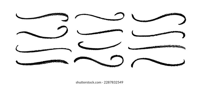 Swooshes and flourish pencil stroke vector collection. Black paint wavy lines, hand drawn curved strokes. Decirative marker strokes, swoops, waves brush marks. Modern grunge wavy lines.