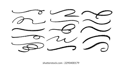 Swooshes and flourish pencil stroke vector collection. Black paint wavy lines, hand drawn curved strokes. Decirative marker strokes, swoops, waves brush marks. Modern grunge wavy lines.