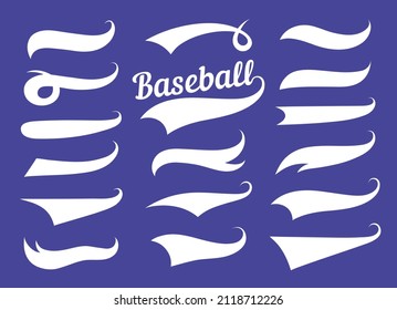 Swooshes Text Tails For Baseball Design. Sports Swash Underline Shapes Set In Retro Style. Swish Typography Font Elements For Athletics, Baseball, Football Decoration. White Swirl On Blue, Vector Line