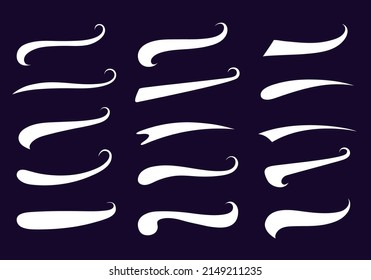 Swooshes text tails for baseball design. Sports swash underline shapes set in retro style. Swish typography font elements for athletics, baseball, football decoration. White swirl vector line.