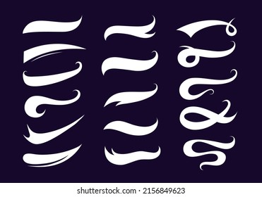 Swooshes text tails for baseball design. Sports swash underline shapes set in retro style. Swish typography font elements for athletics, baseball, football decoration. White swirl vector line.