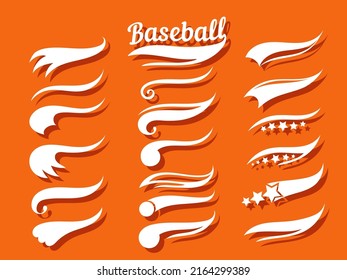 Swooshes text tails for baseball design. Sports swash underline shapes set in retro style. Swish typography font elements for athletics, baseball, football decoration. White swirl vector line.