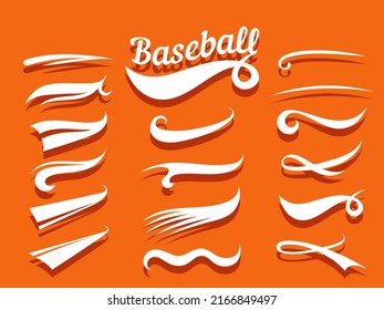 Swooshes text tails for baseball design. Sports swash underline shapes set in retro style. Swish typography font elements for athletics, baseball, football decoration. White swirl vector line.