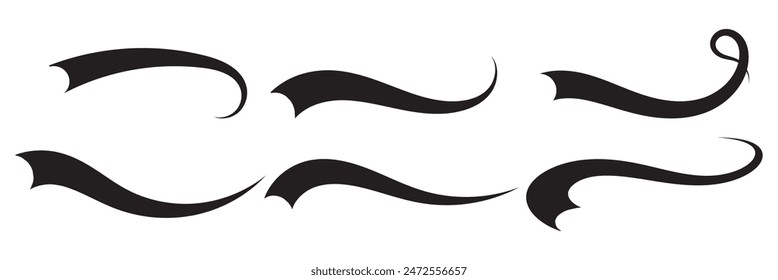 Swooshes text tails for baseball design. Sports swash underline shapes set in retro style. Swish typography font elements for athletics, baseball, football decoration. Black swirl vector line.