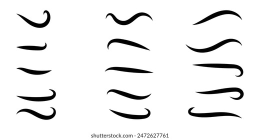Swooshes text tails for baseball design. Sports swash underline shapes set in retro style. Swish typography font elements for athletics decoration. Black swirl vector line. Eps10. Swash vector.
