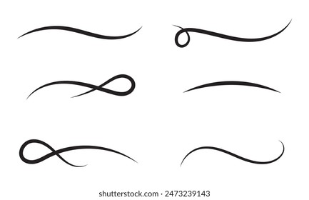 Swooshes text tails for baseball design. Sports swash underline shapes set in retro style. Swish typography font elements for athletics, baseball, football decoration. Black swirl vector line.