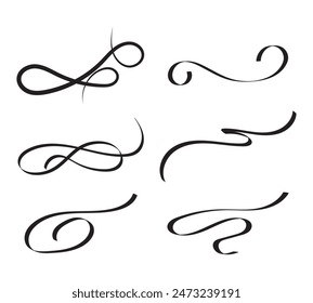 Swooshes text tails for baseball design. Sports swash underline shapes set in retro style. Swish typography font elements for athletics, baseball, football decoration. Black swirl vector line.
