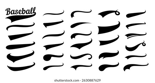 Swooshes text tails for baseball design. Sports swash underline shapes set in retro style. Swish typography font elements for athletics, baseball, football decoration. Black swirl vector line.