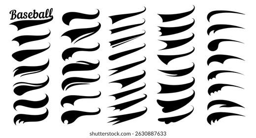 Swooshes text tails for baseball design. Sports swash underline shapes set in retro style. Swish typography font elements for athletics, baseball, football decoration. Black swirl vector line.