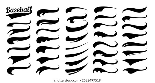 Swooshes text tails for baseball design. Sports swash underline shapes set in retro style. Swish typography font elements for athletics, baseball, football decoration. Black swirl vector line.