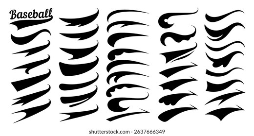 Swooshes text tails for baseball design. Sports swash underline shapes set in retro style. Swish typography font elements for athletics, baseball, football decoration. Black swirl vector line.