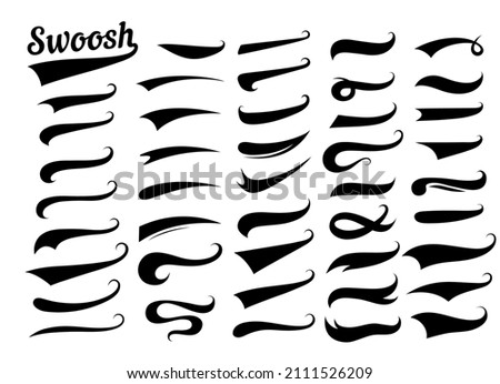 Swooshes text tails for baseball design. Sports swash underline shapes set in retro style. Swish typography font elements for athletics, baseball, football decoration. Black swirl vector line.