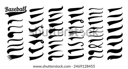 Swooshes text tails for baseball design. Sports swash underline shapes set in retro style. Swish typography font elements for athletics, baseball, football decoration. Black swirl vector line.