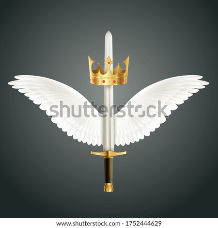 Sword accompanied by wings and crown realistic design symbolizing guardian angel protection  against dark background vector illustration 