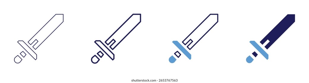 Icono de arte de espada en 4 estilos diferentes. Línea delgada, línea, línea en negrita, duotono. Estilo duotono. Trazo editable.