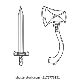Design der Schwert- und Axt-Symbole. Handgezeichnete Illustration mittelalterlicher Waffen. 