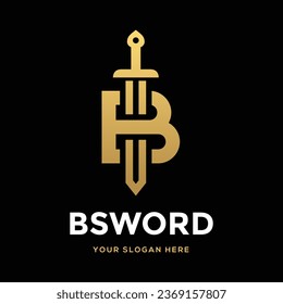 Schwert-B-Buchstaben oder Zahlenvektorlogo-Vorlage. Dieses Logo verwendet Gold. Geeignet für Geschäftsreisende