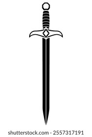 Sword, blade cold weapon decorated with gems - vector silhouette image for stencil, logo or pictogram. Sword, dagger medieval weapon for icon or sign
