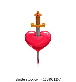 Sword In Bleeding Heart Isolated Tattoo Design. Vector Symbol Of Love Stabbed By Dagger