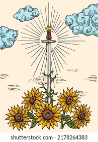 sword in bouquet of sunflowers retro old line art etching vector