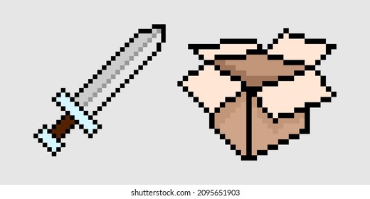 Schwert- und Kastensymbol besteht aus vielen Pixeln, Farbkarte, Pixelwaffe einzeln auf weißem Hintergrund, Vektorgrafik