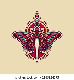 Sword Butterfly Retro Illustration For Merchandise