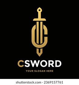 Sword C letter or number vector logo template. This logo use gold. Suitable for business