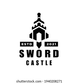 Sword and Castle Logo Combination. Vector illustration emblem design on white background. Modern, clean and strong design.