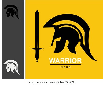 sword and centurion.Sparta warrior head and sword combine with text. Spartan helmet and sword.Trojan helmet and sword. Warrior helmet and sword. Historical Sparta concept icon.Ancient Roman Centurion.