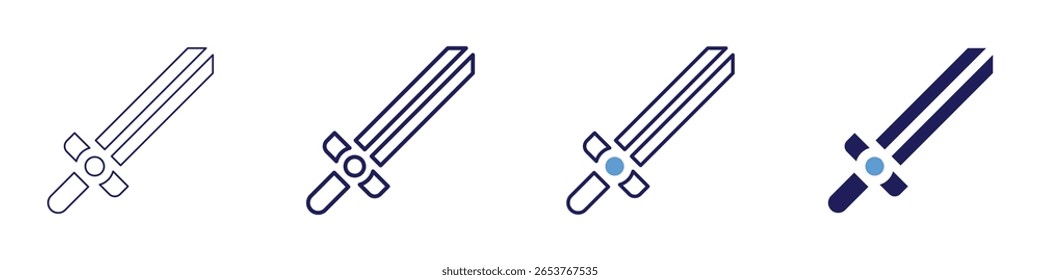 Schwertkollisionssymbol in 4 verschiedenen Stilen. Dünne Linie, Linie, Fette Linie, Duotone. Duotone-Stil. Bearbeitbarer Strich.