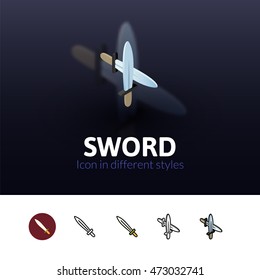 Sword color icon, vector symbol in flat, outline and isometric style isolated on blur background