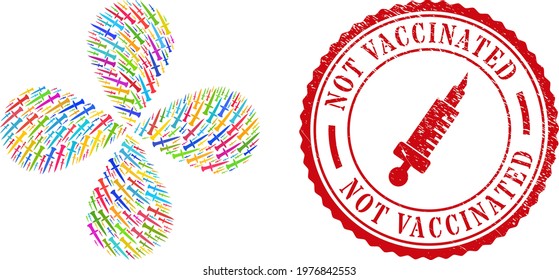 Sword colorful swirl abstract flower, and red round NOT VACCINATED rough stamp print. Sword symbol inside round stamp imitation. Element flower composed from scattered sword symbols.