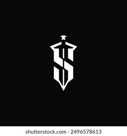 Combinación de espada con letra inicial S, diseño de logotipo de espacio negativo.