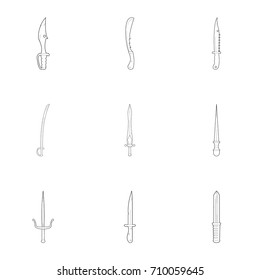 Sword and dagger icons set. Outline set of 9 sword and dagger vector icons for web isolated on white background