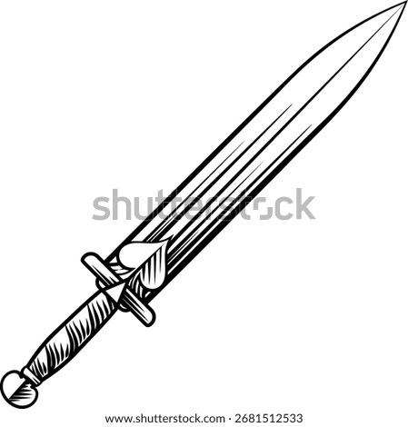 A sword or dagger medieval weapon design illustration in a vintage woodcut retro tattoo style