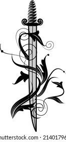 Sword with decorative branch.Vector illustration.