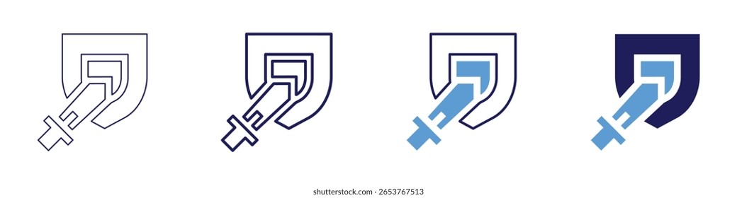 Icono de disciplina de espada en 4 estilos diferentes. Línea delgada, línea, línea en negrita, duotono. Estilo duotono. Trazo editable.