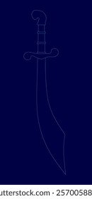 Sword is displayed in a blue image with a blue background. The sword is outlined, giving it a sense of depth and dimension. The image is a stylized representation of a sword