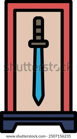 A sword is displayed in a glass case. The sword is a replica of a real sword, and it is on display in a museum