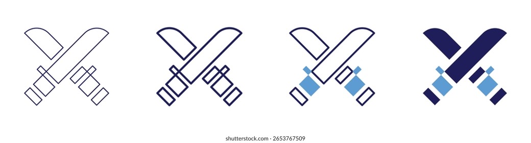 Schwert Doppelsymbol in 4 verschiedenen Stilen. Dünne Linie, Linie, Fette Linie, Duotone. Duotone-Stil. Bearbeitbarer Strich.