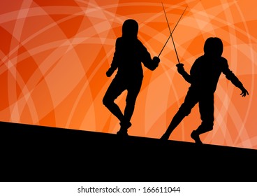 Sword fighters active young men fencing sport silhouettes vector abstract background illustration