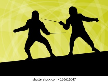 Sword fighters active young men fencing sport silhouettes vector abstract background illustration