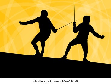 Sword fighters active young men fencing sport silhouettes vector abstract background illustration