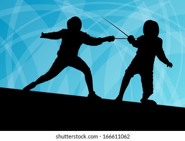 Sword fighters active young men fencing sport silhouettes vector abstract background illustration